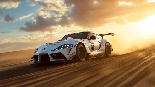 GT-style white race car drifting on desert track at sunset