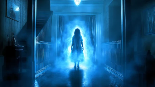 Mystical blue doorway welcomes a lone child into swirling light