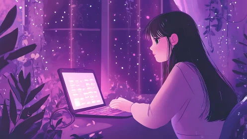 Girl uses glowing laptop at night near window with plants