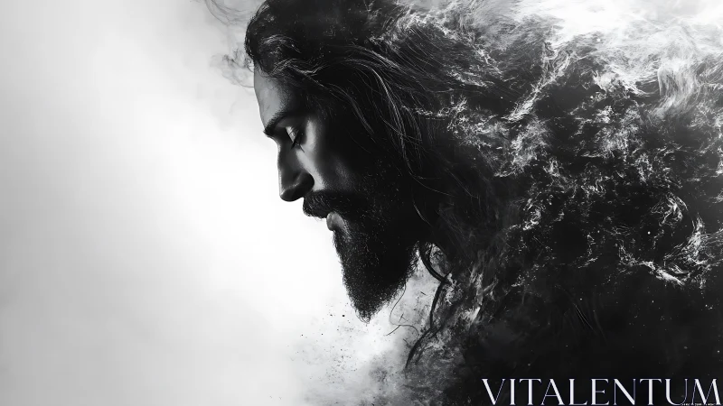 Brooding male profile dissolving into dark swirling smoke.