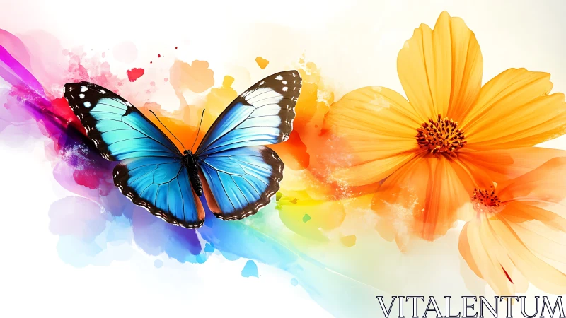 Blue butterfly drifting through a rainbow of bright blooms.