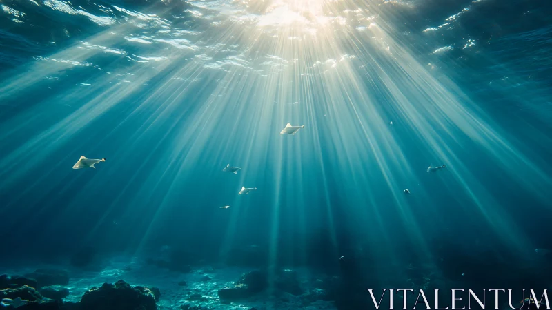 Volumetric sunbeams penetrate clear ocean water onto sparse reef