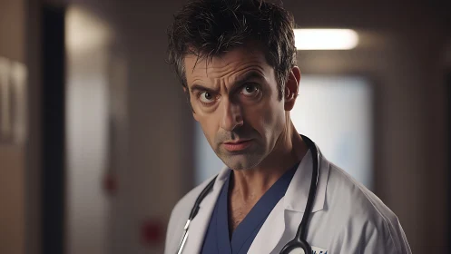 Intense emergency doctor studies patient case in corridor.