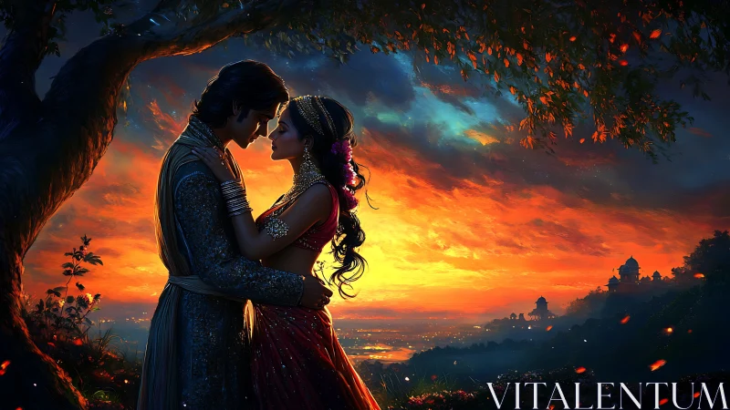 Romantic Embrace Under Glowing Sunset Sky.