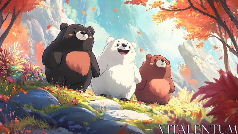 Three cartoon bears explore sunlit autumn forest path.