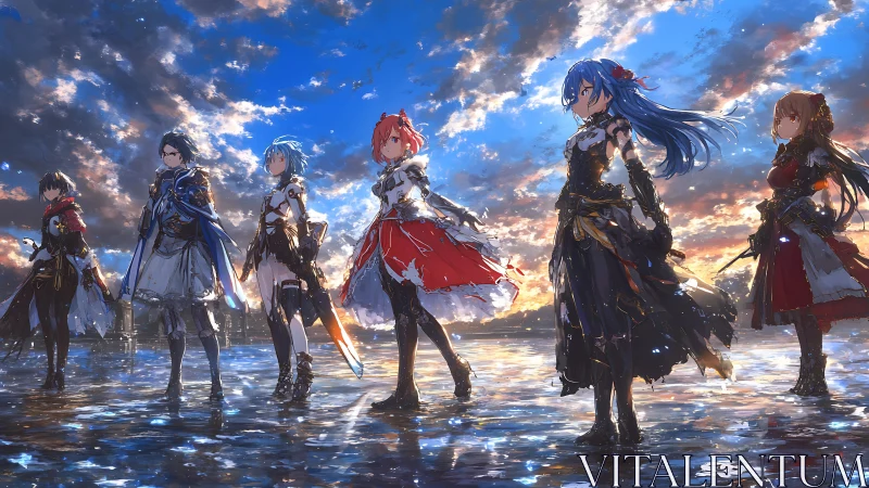 Celestial warrior squad stands over mirror-bright water at dusk.