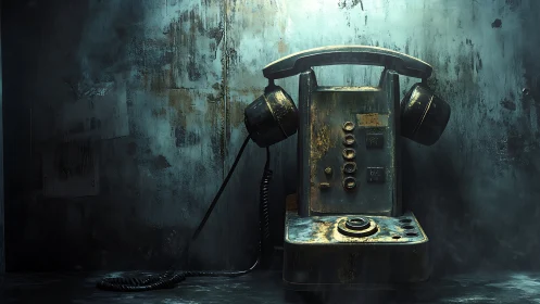 Rustic industrial phone glows under cold cinematic light.