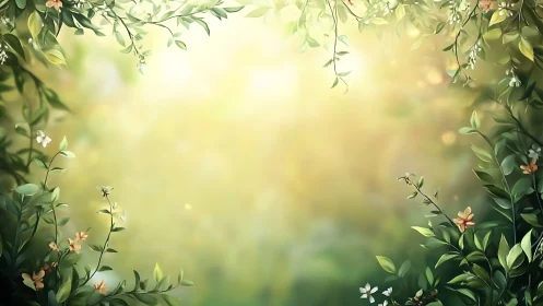 Sunlit Floral Border with Soft Foliage in Dreamy Watercolor Style.