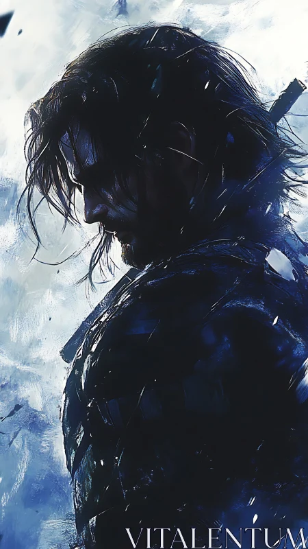 Brooding warrior profile in icy stormlit digital portrait.