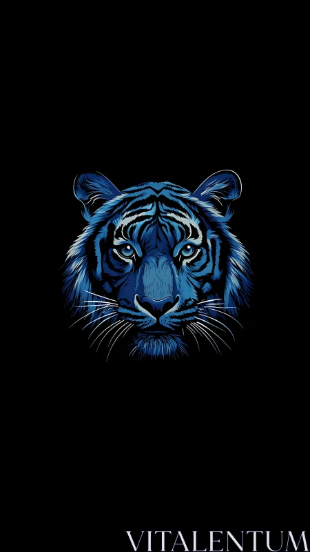 Electric blue tiger head glows against deep black night.