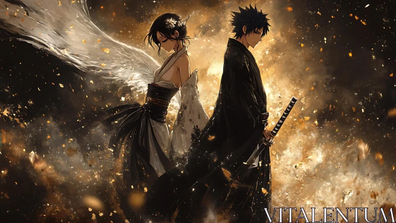 Winged woman and swordsman in opposing stances at dusk.