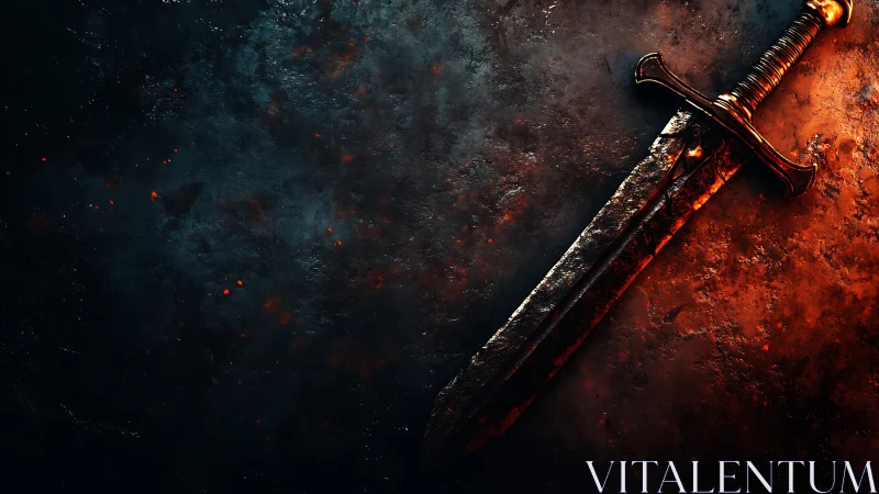 Battle-scarred sword glowing over ember-kissed stone floor.