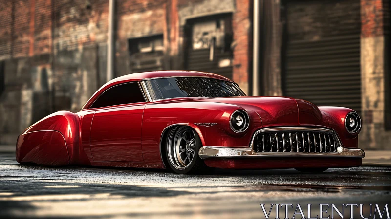 Custom red lowrider glides through gritty urban streetscape.
