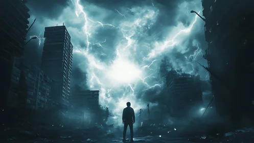 Silhouette observes lightning storm over ruined city street