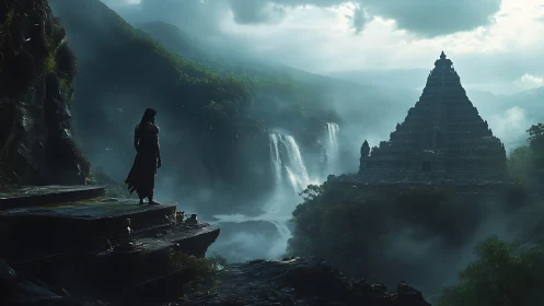 Solitary figure studies mist temple above roaring falls.