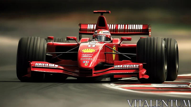 Red single-seat racing car on circuit apex in motion.