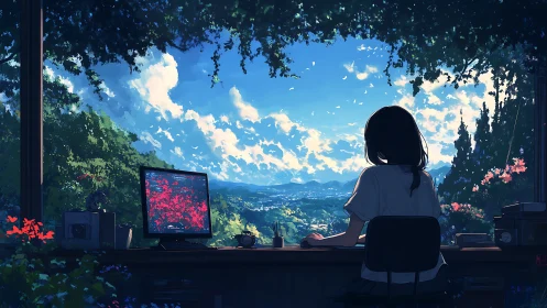 Dreaming coder at a windowed desk above a painted valley.