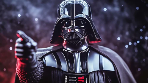 Imposing sci-fi armored figure in glossy black helmet stance.