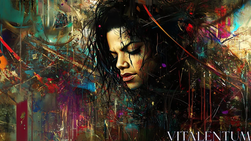 Somber muse adrift in neon-splashed abstract stormscape.