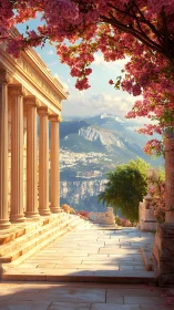 Sunlit ancient terrace framed by soft pink blossoms.