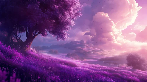 Digital landscape shows violet field under dense cloud bank