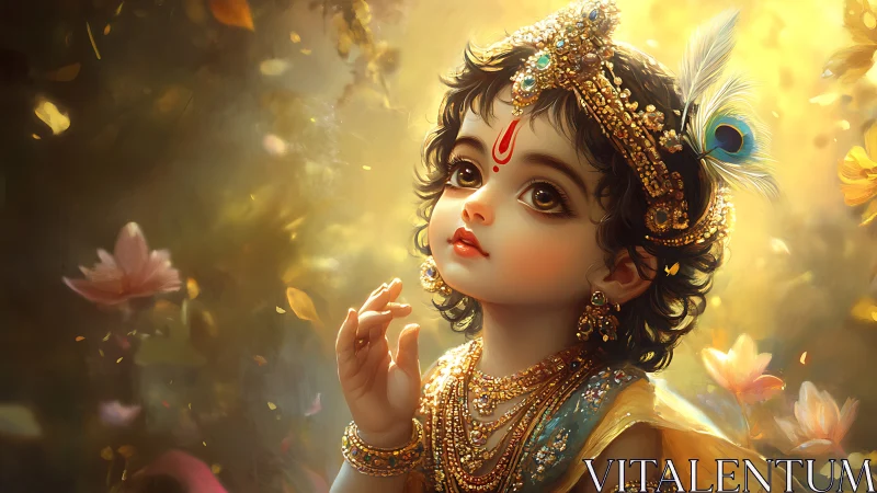 Golden child of light in a dreamlike sacred garden.