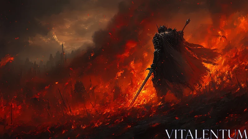 Armored warrior silhouette in burning battlefield landscape.