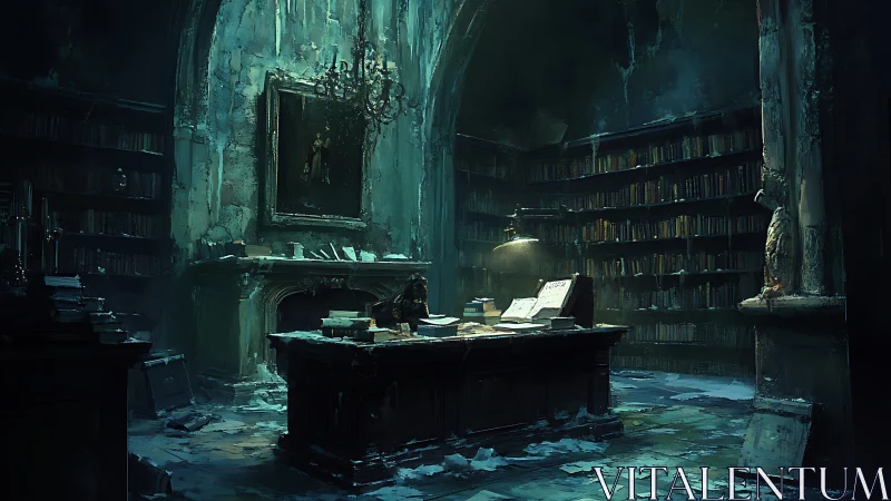 Forsaken gothic library drowns in cold emerald shadows.