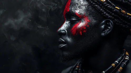 Profile portrait shows painted warrior with vivid red markings