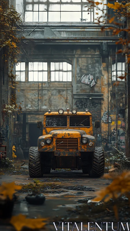 Yellow off-road truck stands in decayed industrial hall