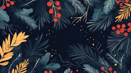 Digital painting of festive botanical frame on deep navy ground.