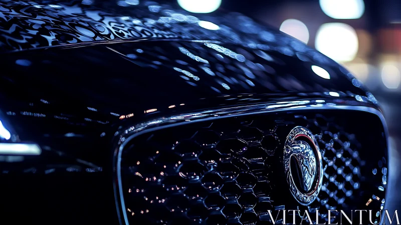 Luxury sports car grille close-up with night reflections.