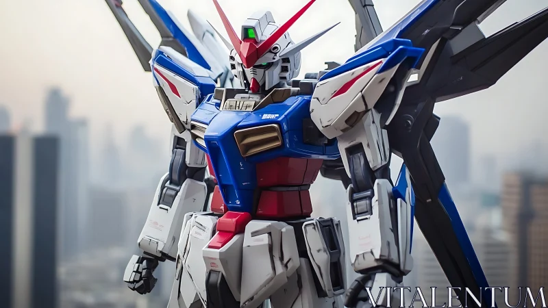 Giant mecha robot overlooking hazy futuristic cityscape.