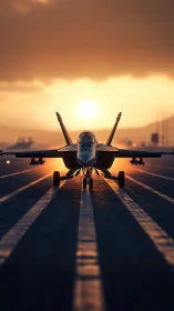 Sunlit fighter jet awaits takeoff on dramatic runway horizon