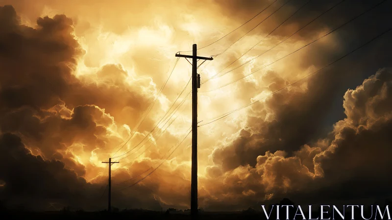 Telephone poles under dramatic golden storm clouds sky.