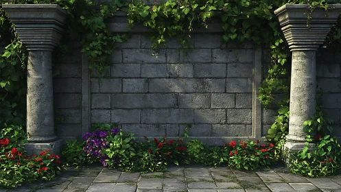 Neoclassical garden wall with ivy-clad stone columns, 3D render.