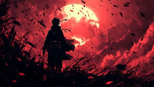 Lone ninja silhouette facing a storm of crimson twilight skies.