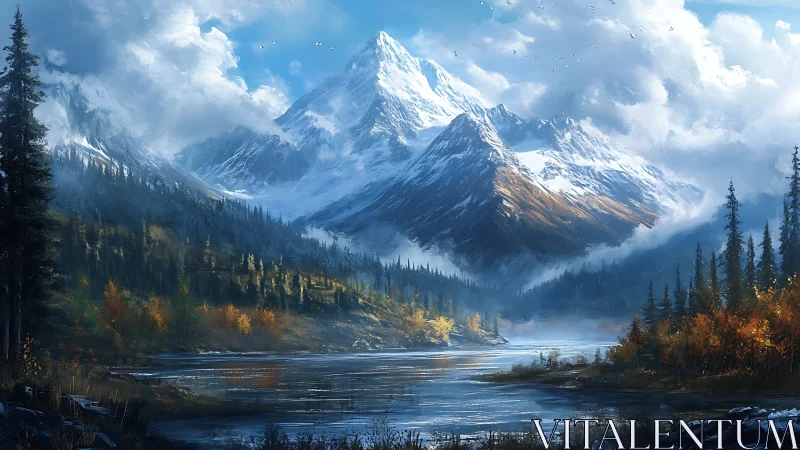 Snow covered mountain range above forested alpine lake.