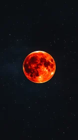 Incandescent red moon suspended in deep star-filled cosmos.