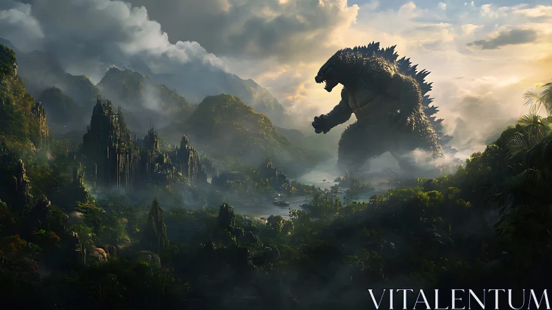 Colossal kaiju dominates misty jungle temples at dawn.