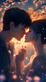 Silhouetted lovers beneath golden blossoms in ethereal light.