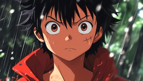 Anime close-up of determined boy under dynamic rainfall lighting