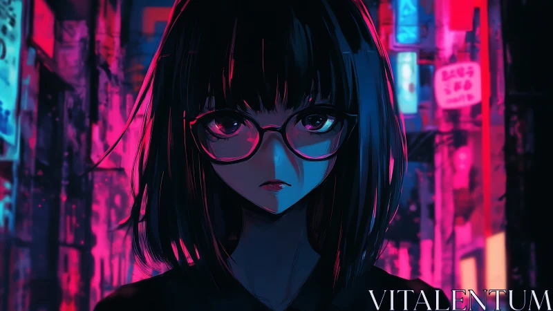 Neon lit girl with glasses in cyberpunk alleyway at night