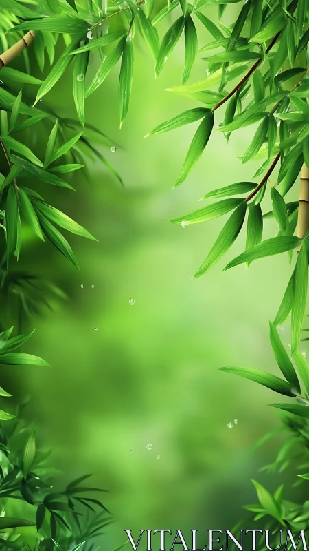 Bamboo foliage with water droplets against diffused green background.