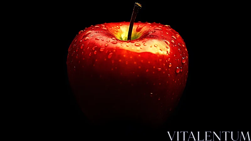 Photorealistic red apple macro on deep black ground.