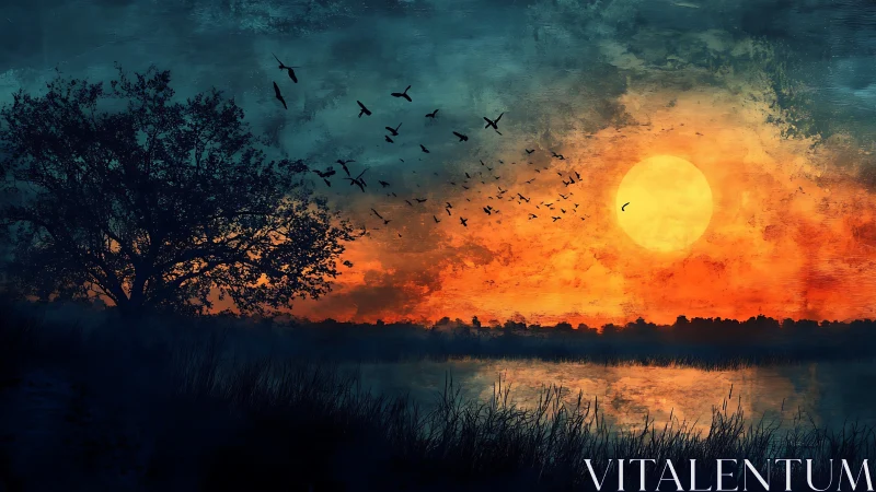 Dramatic marshland sunset with silhouetted tree and birds in flight