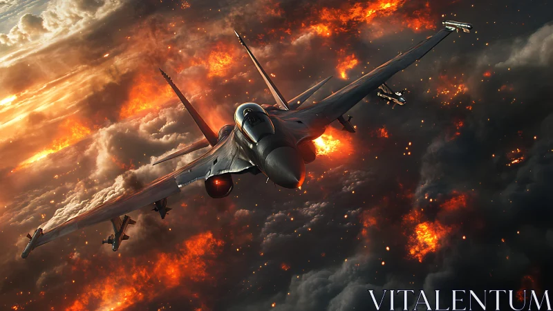 Fighter jet amid explosive aerial combat scene.