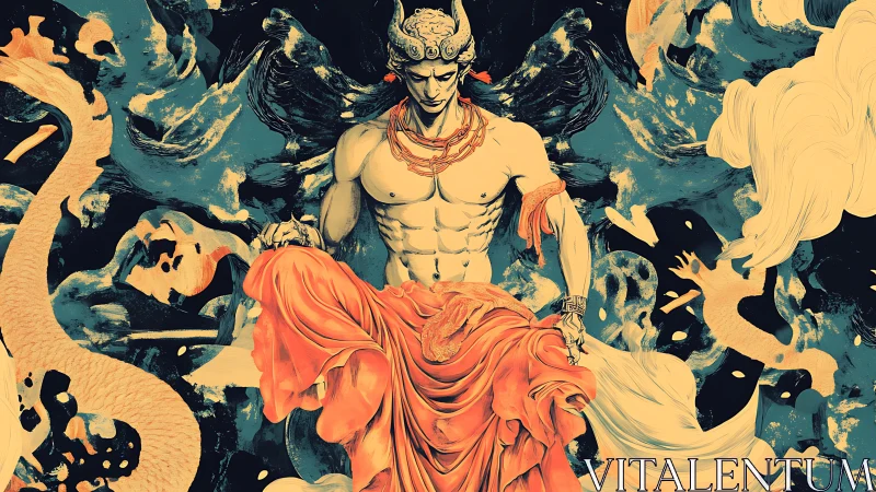 Mythic winged deity amid swirling celestial dragons.