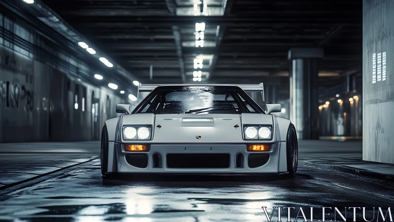Low-slung turbo coupe in wet tunnel under cinematic lighting.