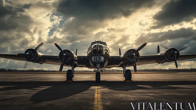 Front-view study of vintage four-engine bomber under storm light